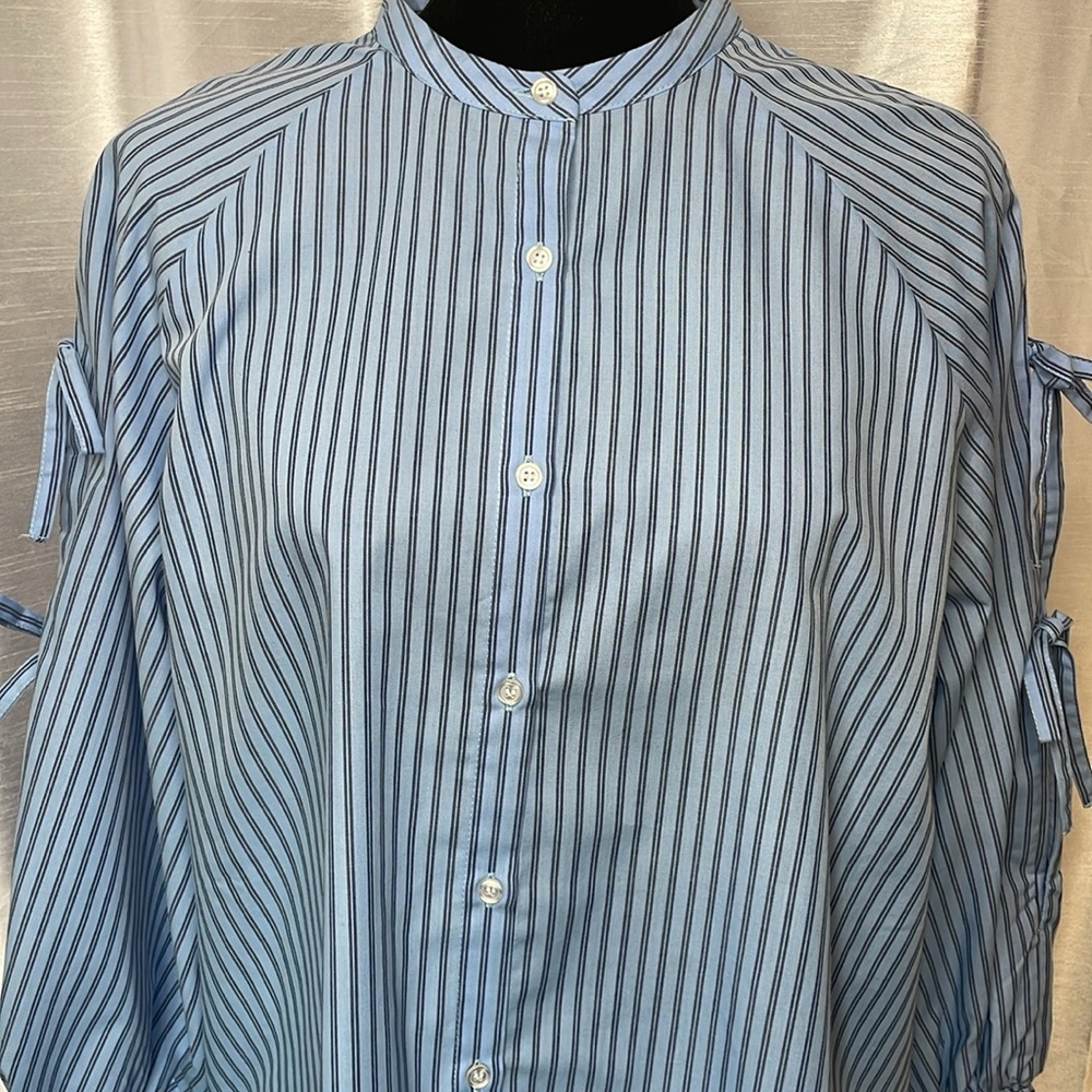Striped Blue Tie-Sleeve Button-Front Women’s Top - Picture 9 of 9